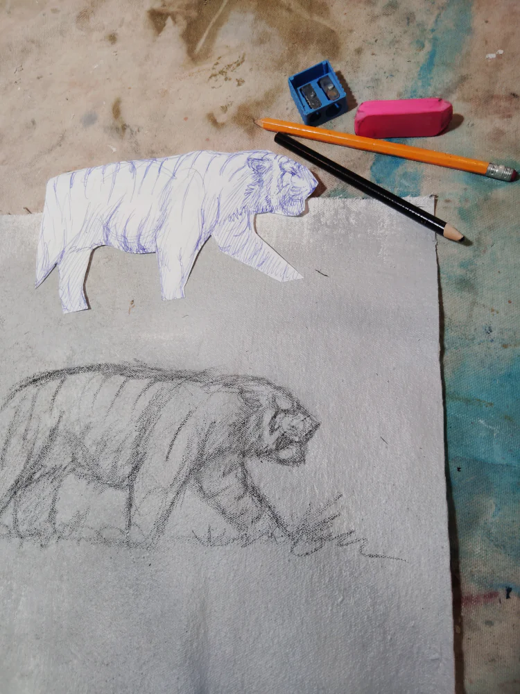 The reusable tiger template ready for painting